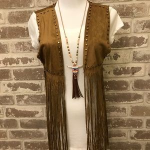 Faux Suede Gold Studded Fringe Vest
